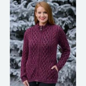 Aran Purple Merino Wool Cable Knit Zip-up Cardigan Sweater - Large 🇮🇪